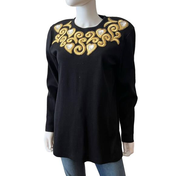 Vintage 1980s Outlander Black Gold Jeweled Heart Embroidered Sweater, L NWT - Picture 1 of 7